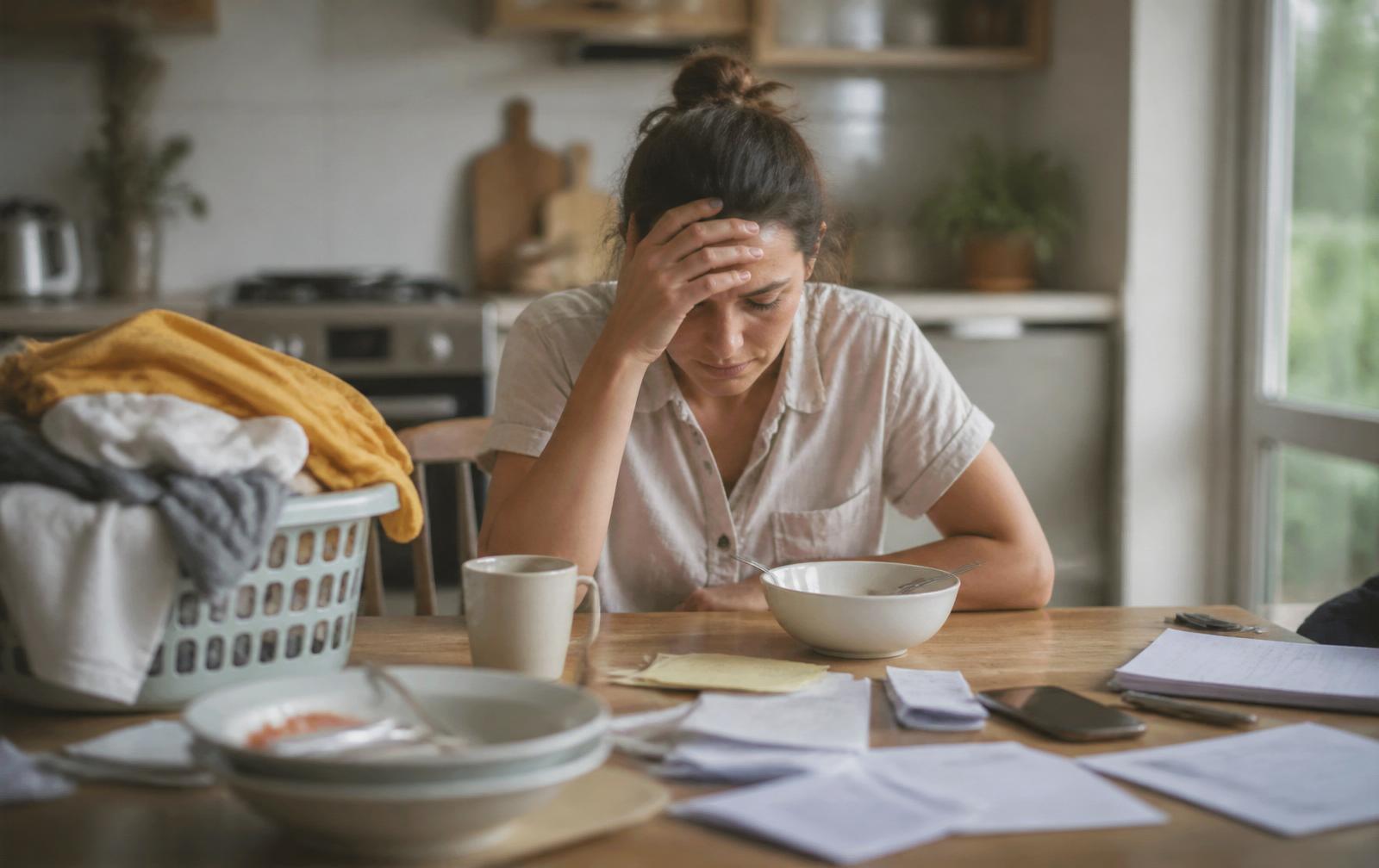 Mujer adulta sentada en la cocina, agotada y abrumada por las tareas diarias: ropa, papeles y platos sobre la mesa.