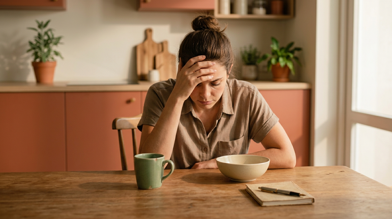 Mujer adulta sentada a una mesa de madera, cansada, con la mano en la frente; delante, una taza de cerámica verde, un cuenco y una libreta con un bolígrafo.